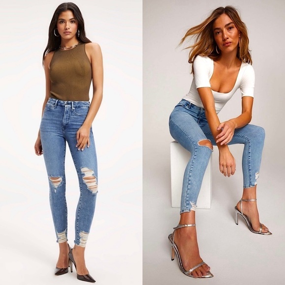 GOOD AMERICAN High Rise Distressed Denim Raw Fray Hem Ankle Crop Skinny Jeans 29 - Picture 1 of 6